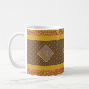 Modern Fall Leaves Monogram Brown Polka Dot Coffee Mug