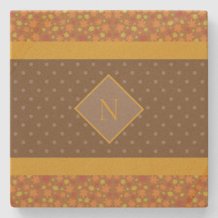 Modern Fall Leaves Monogram Brown Polka Dot Stone Coaster