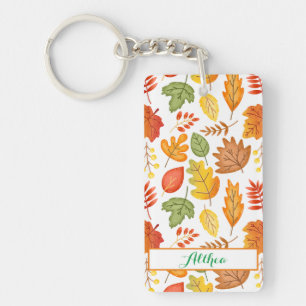 Modern Fall Leaves Pattern Customisable Name  Key Ring