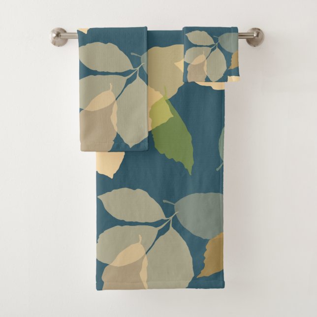 Modern Fall Leaves with Teal Background Bath Towel Set (Insitu)