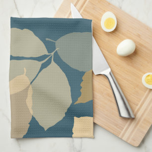 Modern Fall Leaves with Teal Background Tea Towel