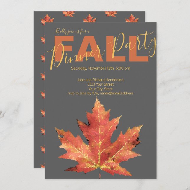 Modern Fall Orange Grey Dinner Party Invitation (Front/Back)