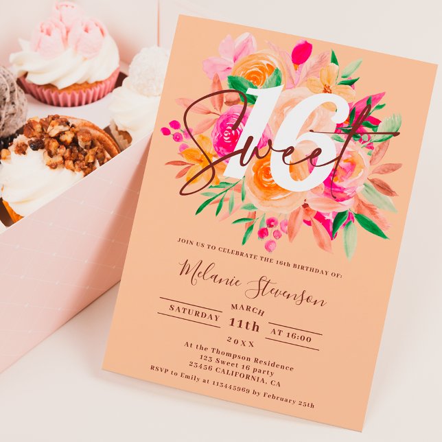Modern fall pink peach floral chic photo Sweet 16 Invitation (Creator Uploaded)