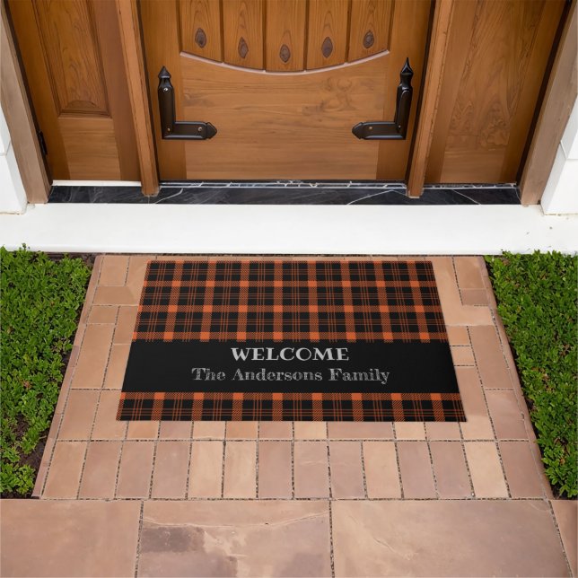 Modern Fall Plaid Orange Welcome Family Name Doormat (Outdoor)