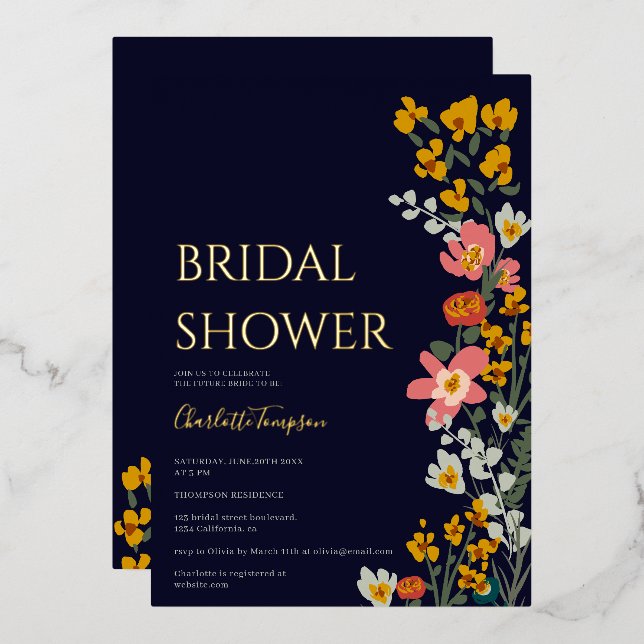 Modern fall retro flowers navy blue bridal shower (Front/Back)