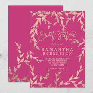 Modern fall rose gold branch magenta pink Sweet 16 Invitation