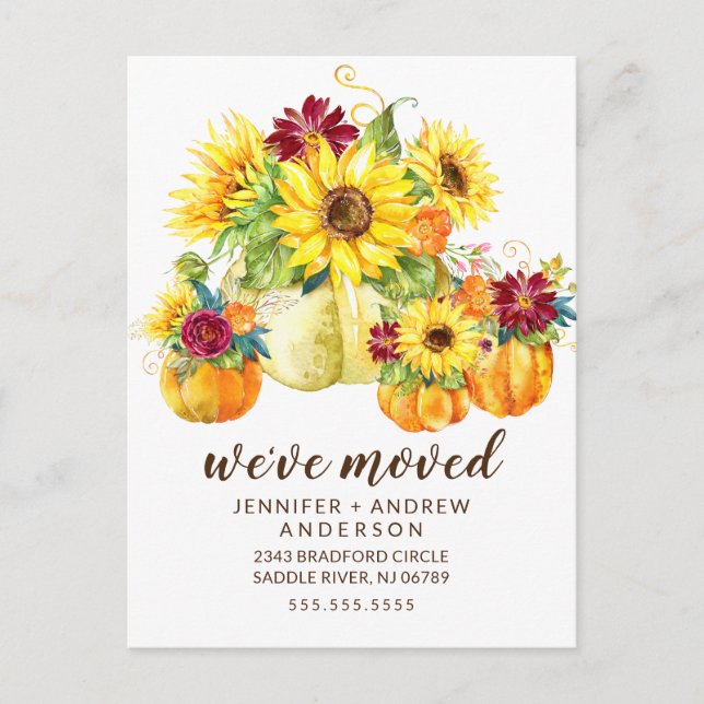 Modern Fall Sunflowers Pumpkin Moving Announcement (Front)