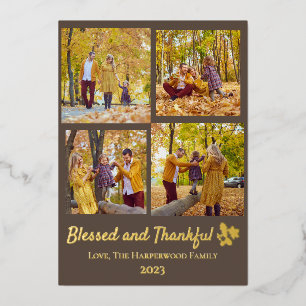 Modern Fall Thanksgiving Family photo Collage Foil Holiday Card