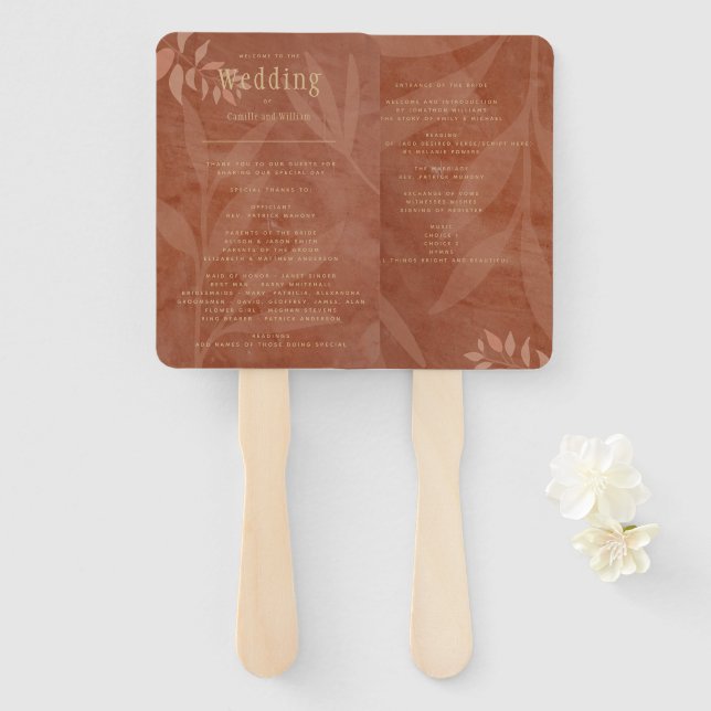 Modern FALL Wedding Terracotta Gold Program Hand Fan (Front and Back)