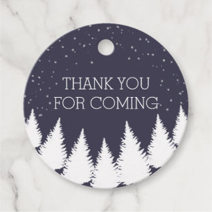 Modern Falling Snow Winter Trees Holiday Party Favour Tags
