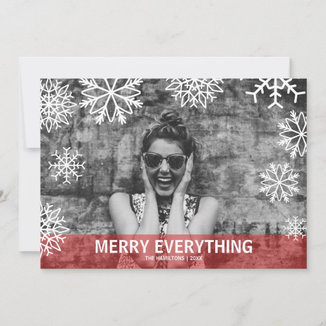 Modern Falling snowflakes  Holiday red PHOTO Card (Front)