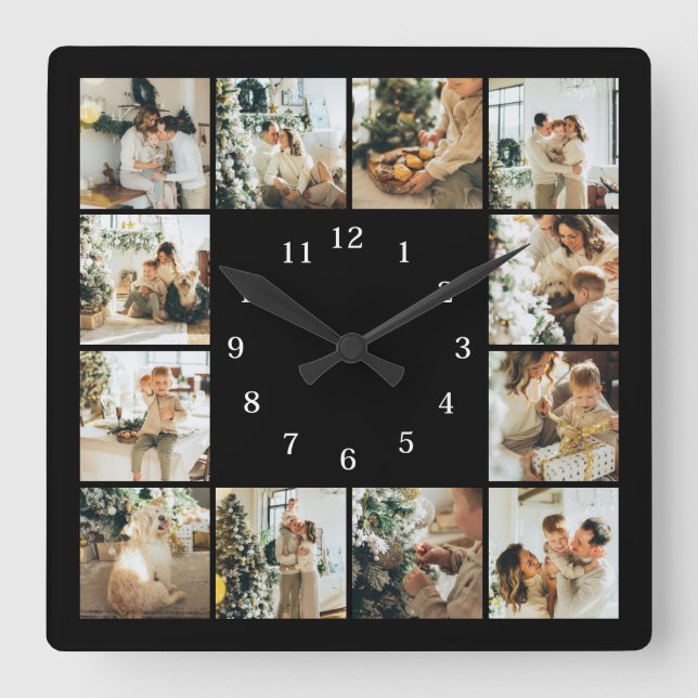 Modern Family 12 Photo Collage Black Keepsake Squa Square Wall Clock (Front)