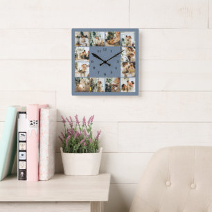 Modern Family 12 Photo Collage Dusty Blue Keepsake Square Wall Clock