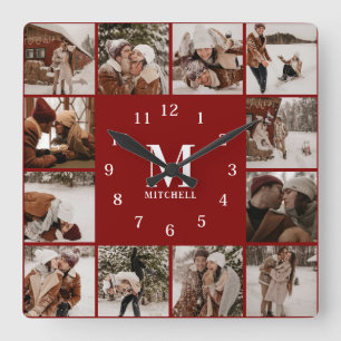 Modern Family 12 Photo Collage Monogram Keepsake Square Wall Clock