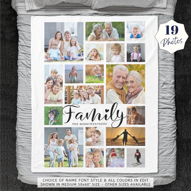 Modern FAMILY 19 Photo Collage Script Personalised Fleece Blanket (Creator Uploaded)
