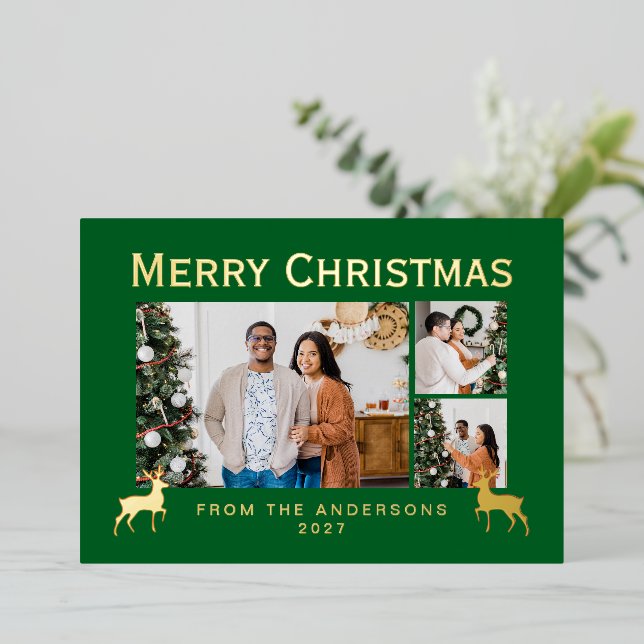Modern Family 3 Photo Collage Elegant Christmas Foil Holiday Card (Standing Front)