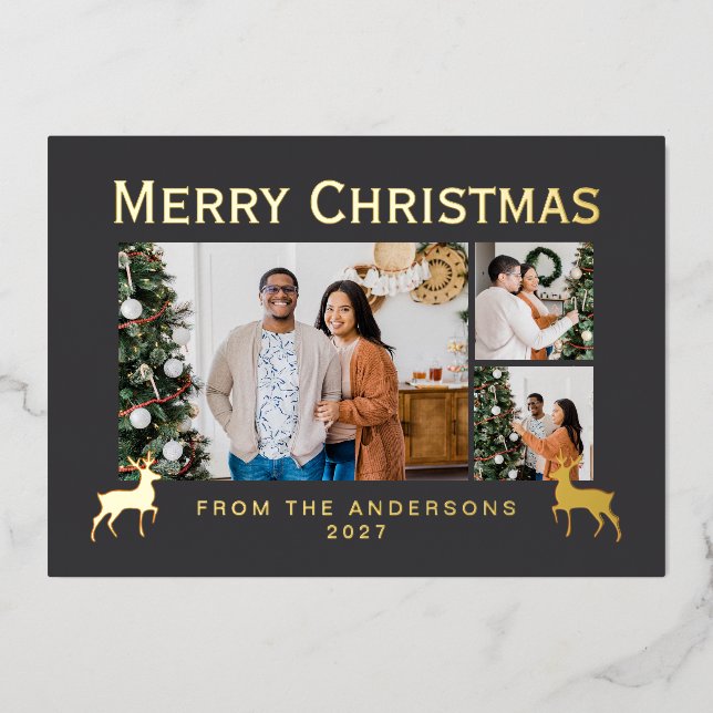 Modern Family 3 Photo Collage Elegant Christmas Foil Holiday Card (Front)