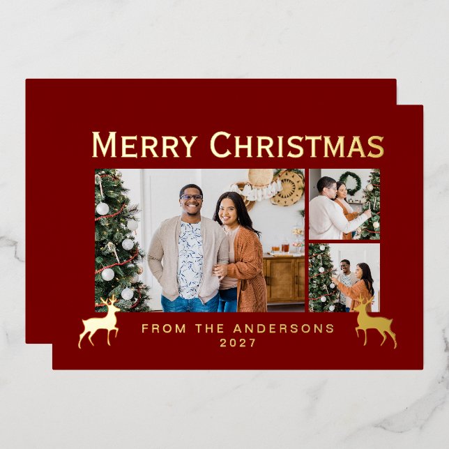 Modern Family 3 Photo Collage Elegant Christmas Foil Holiday Card (Front/Back)