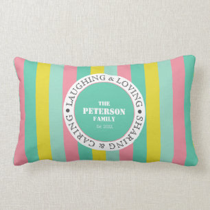 Modern Family Chic Blue Stripe Personalized Quote Lumbar Cushion