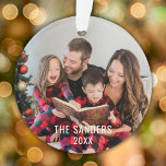 Modern Family Christmas Photo Script, merry Ornament<br><div class="desc">Decorate your house with this beautiful chic Christmas design with a family image of Christmas and the text "Merry and Bright" with chic Christmas typography. Customize the custom text with your last name and year. The design is personalized with your favorite family photo. Photo tip: crop the photo to square...</div>
