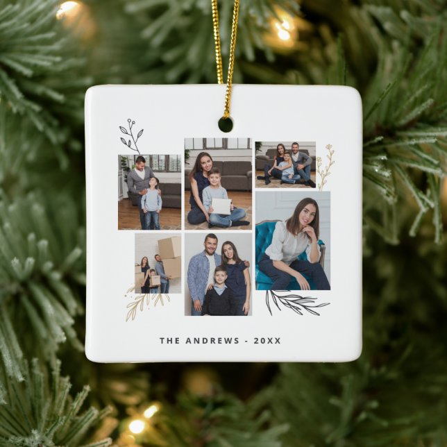Modern Family Collage Photo Christmas Typography Ceramic Ornament (Tree)