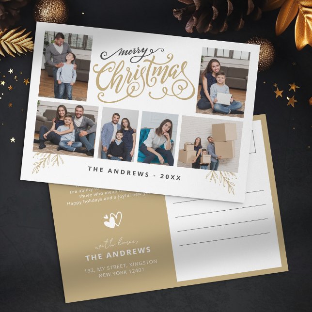 Modern Family Collage Photo Christmas Typography Holiday Postcard (Creator Uploaded)