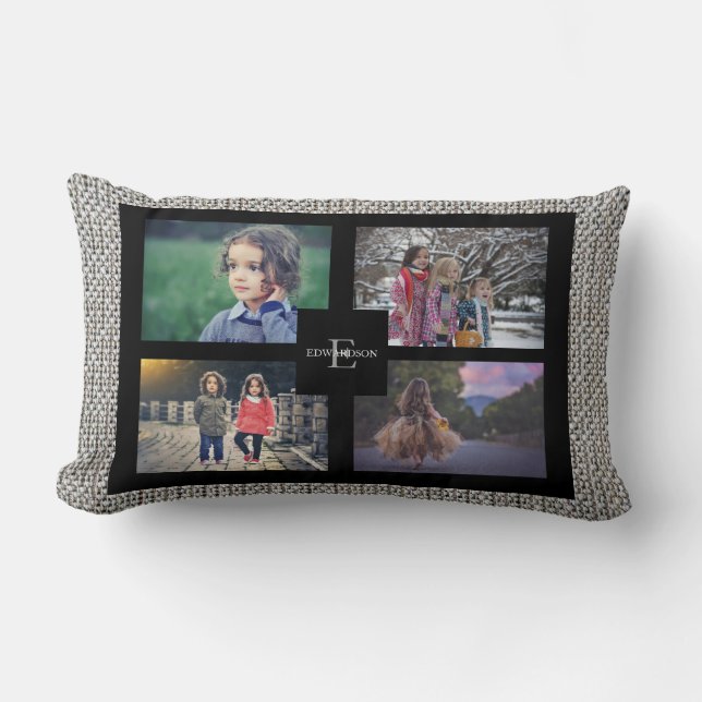 Modern family custom photo collage linen canvas lumbar cushion (Front)