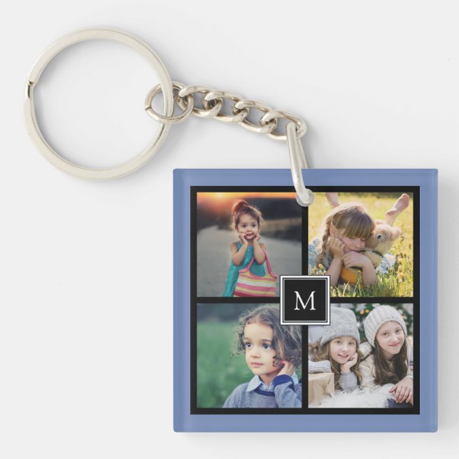 Modern family custom photo collage monogram key ring (Front)