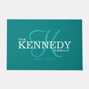 Modern Family Last Name Monogram Initial Teal Doormat
