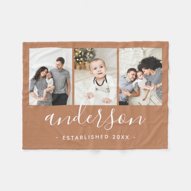 Modern Family Monogram 3 Photo Collage Fleece Blanket (Front (Horizontal))