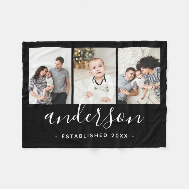 Modern Family Monogram 3 Photo Collage Fleece Blanket (Front (Horizontal))