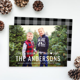 Modern Family Monogram Grey Buffalo Plaid Photo Holiday Card