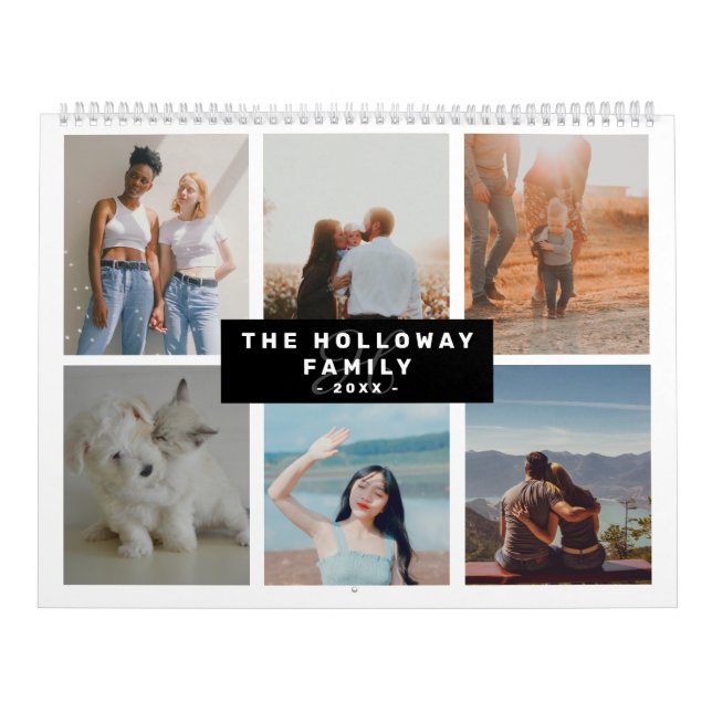 Modern family monogram name black18 photos collage calendar (Cover)