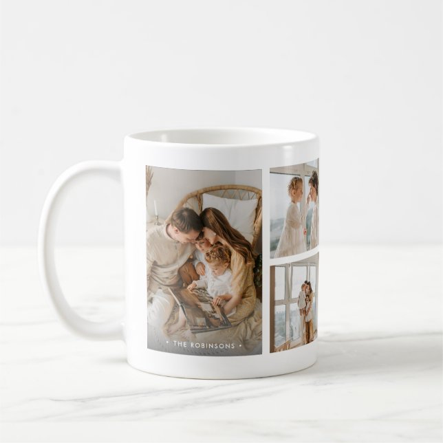 Modern Family Name 6-Photo Collage Custom Coffee Mug (Left)