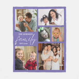 Modern Family Name 6 Photo Collage Purple Fleece Blanket