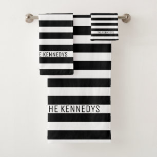 Modern Family Name Black And White Striped Bath Towel Set