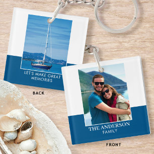 Modern Family Name Custom 2 Photo Blue White Key Ring