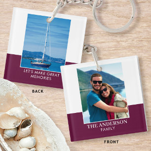 Modern Family Name Custom 2 Photo Deep Pink Key Ring
