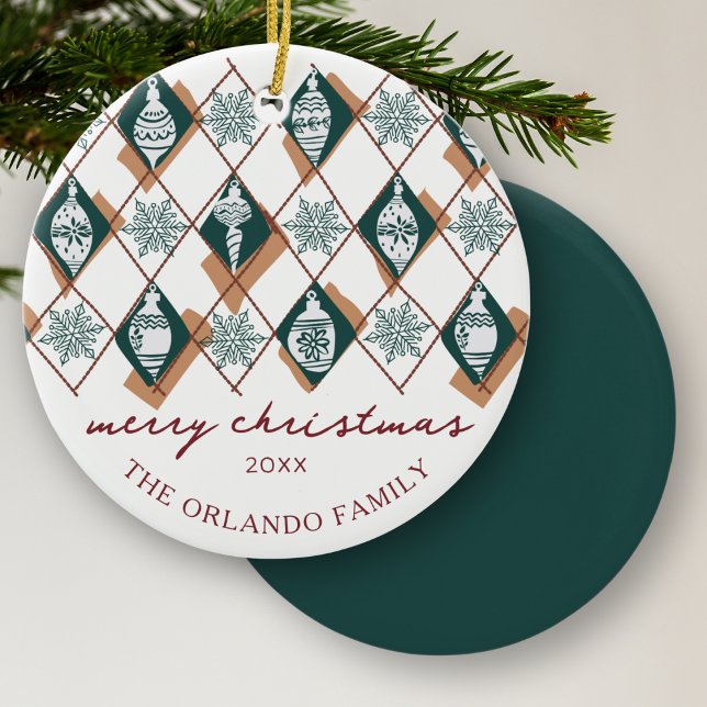 Modern Family Name  Merry Christmas Holiday Ceramic Ornament (Creator Uploaded)