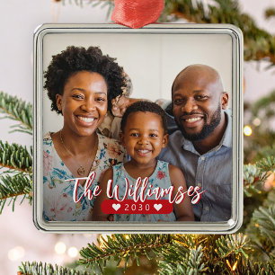 Modern family name personalised photo metal ornament