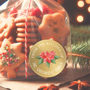 Modern  Family Name Red Floral Gold Christmas Classic Round Sticker