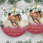 Modern Family Name Script Photo Merry Christmas   Ceramic Ornament<br><div class="desc">Elegant Modern Red and Gold Hand Lettered Script "Family Name" Merry Christmas Photo Ornament. Features a family photo, "family name" calligraphy text in handwritten script, with Merry Christmas text and year photo overlay (in red and gold). Easy to personalise it. Photo tip: crop your photo to square form before upload...</div>