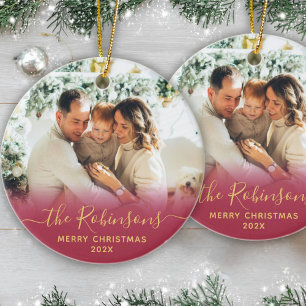 Modern Family Name Script Photo Merry Christmas   Ceramic Ornament