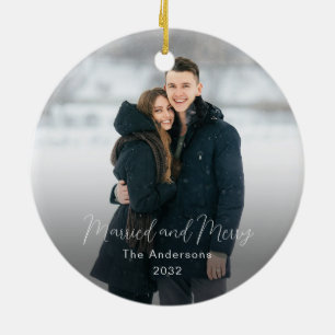 Modern Family Name Year Photo Married Merry Ceramic Ornament