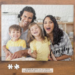 Modern Family Photo Black Script Name and Date Jigsaw Puzzle<br><div class="desc">Your family photo with your name and year (or delete the year if not desired) and the title FAMILY in a modern brush script font in an editable black colour. PHOTO TIP: For fastest/best results, choose a photo with the subject in the middle and/or pre-crop it to a rectangle shape...</div>
