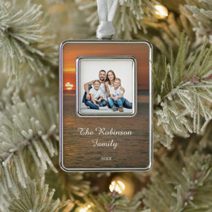 Modern Family Photo Christmas Elegant Personalise Silver Plated Framed Ornament