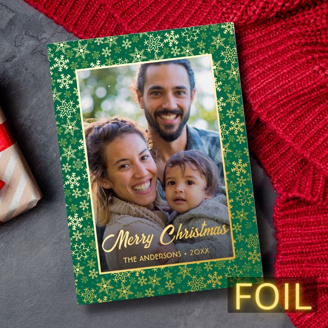 Modern family photo Christmas elegant script green Foil Holiday Card (Creator Uploaded)