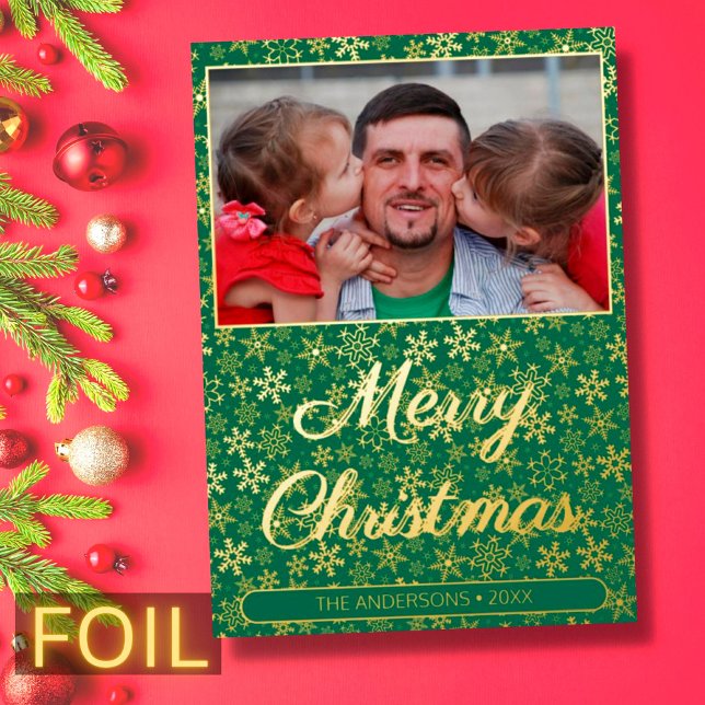 Modern family photo Christmas snowflakes green Foil Holiday Card (Creator Uploaded)