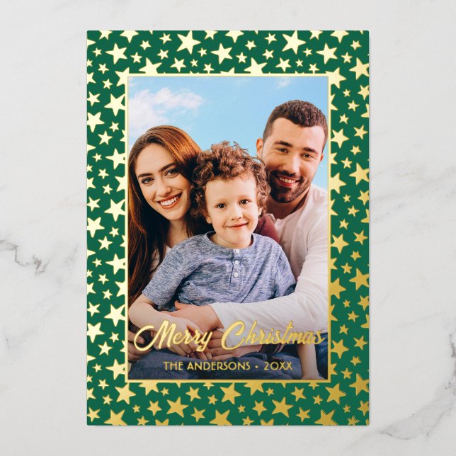 Modern family photo Christmas stars script green Foil Holiday Card (Front)
