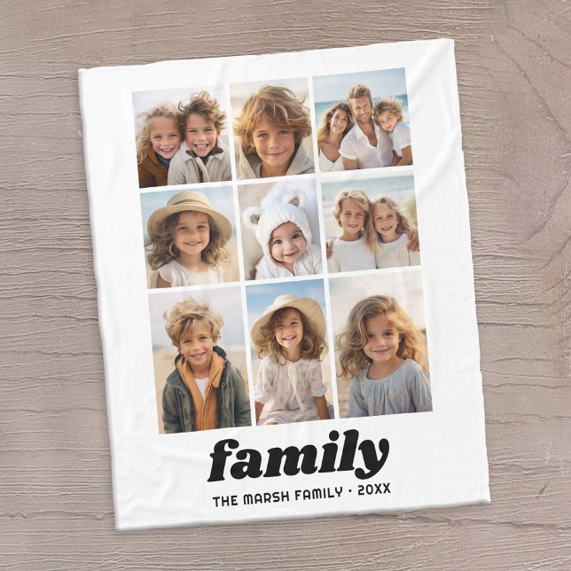 Modern Family Photo Collage 9 Photos White Minimal Fleece Blanket (Family photo blanket with 9 photos)